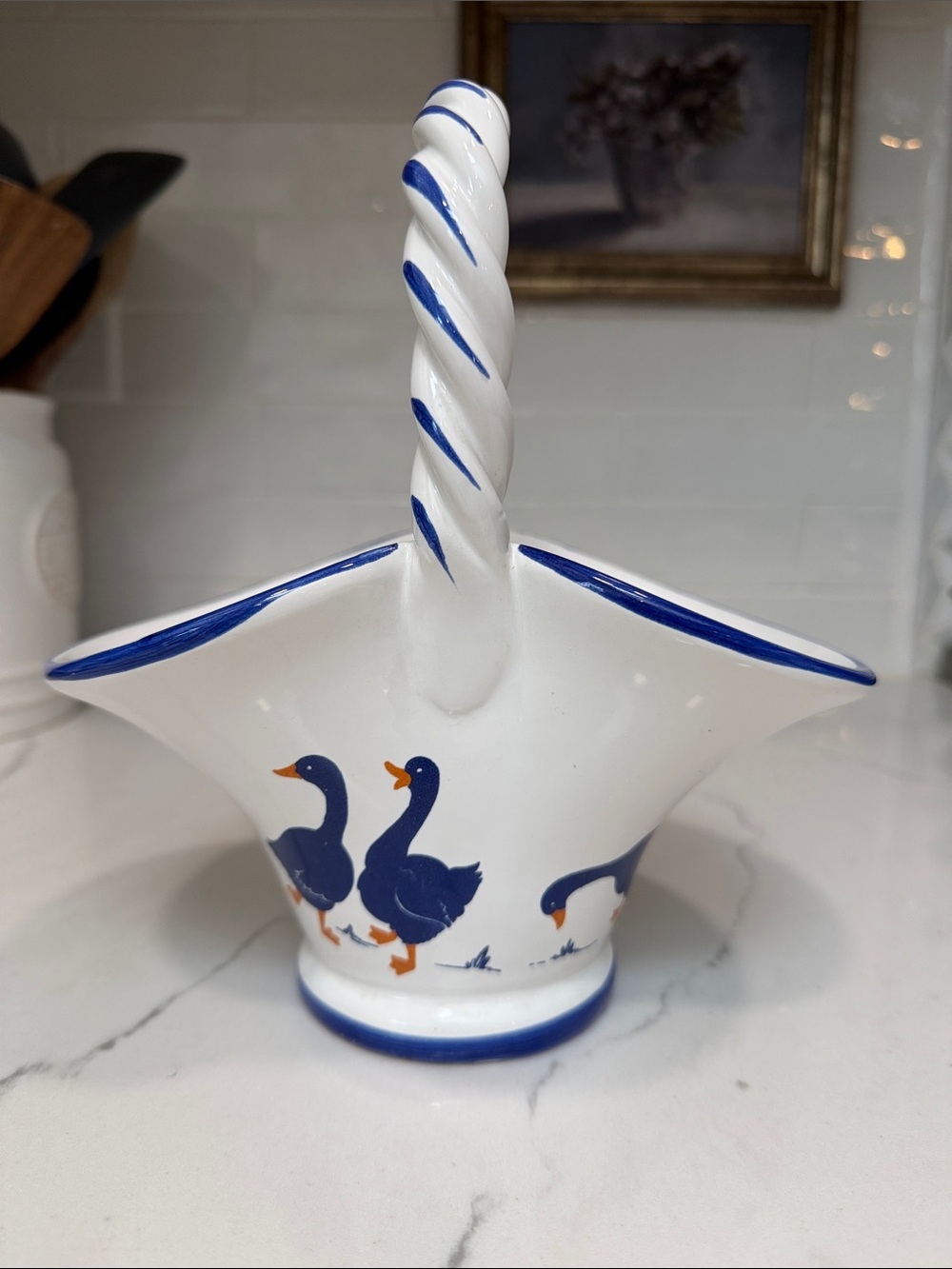 White Ceramic Basket with Blue Goose Motif - Decorative Home Accent